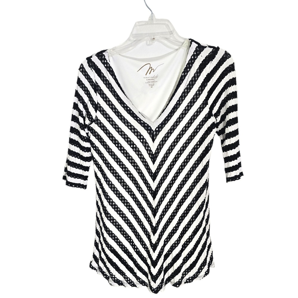 Miraclebody by Miraclesuit Womens Black‎ White Chevron Stripe V-Neck Tunic Top M